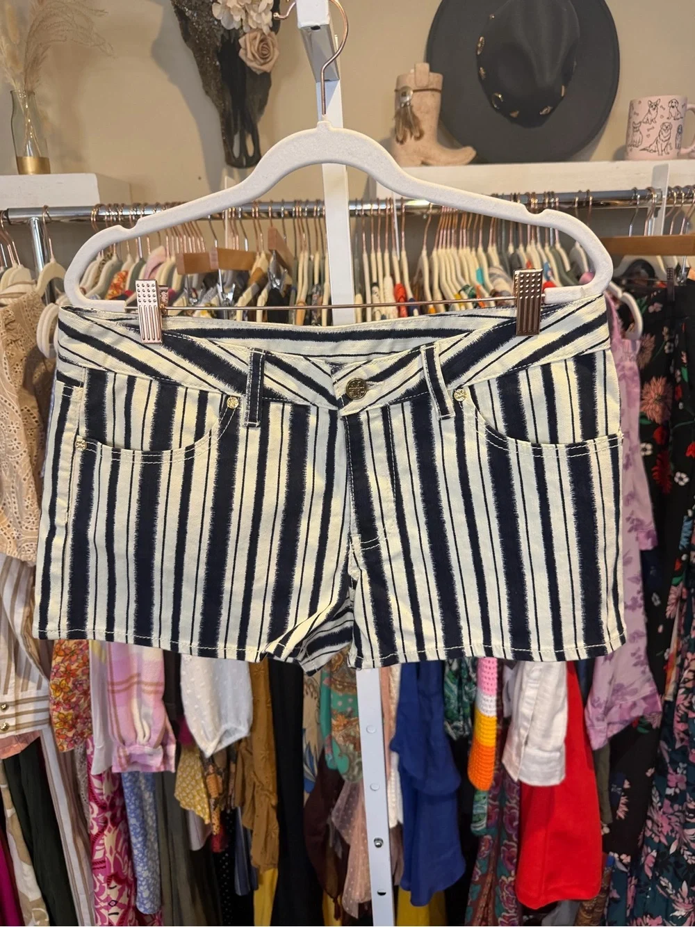 Tory Burch Navy and Cream Striped Tie-Waist Shorts